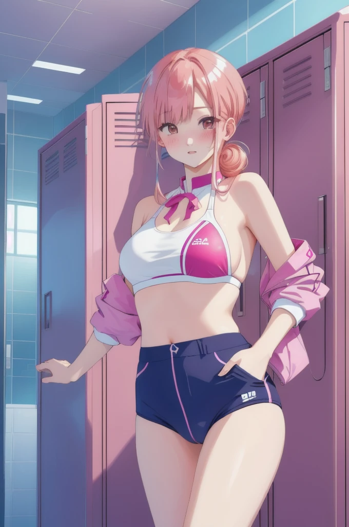 マイクロbikini、M-shaped legs、Spread your legs、Slanted Eyes、Buns under both ears、bikini、locker room、locker room、Pink Hair、Blushing、Pink Hair、Buns under both ears、Blushing、Pink Hair