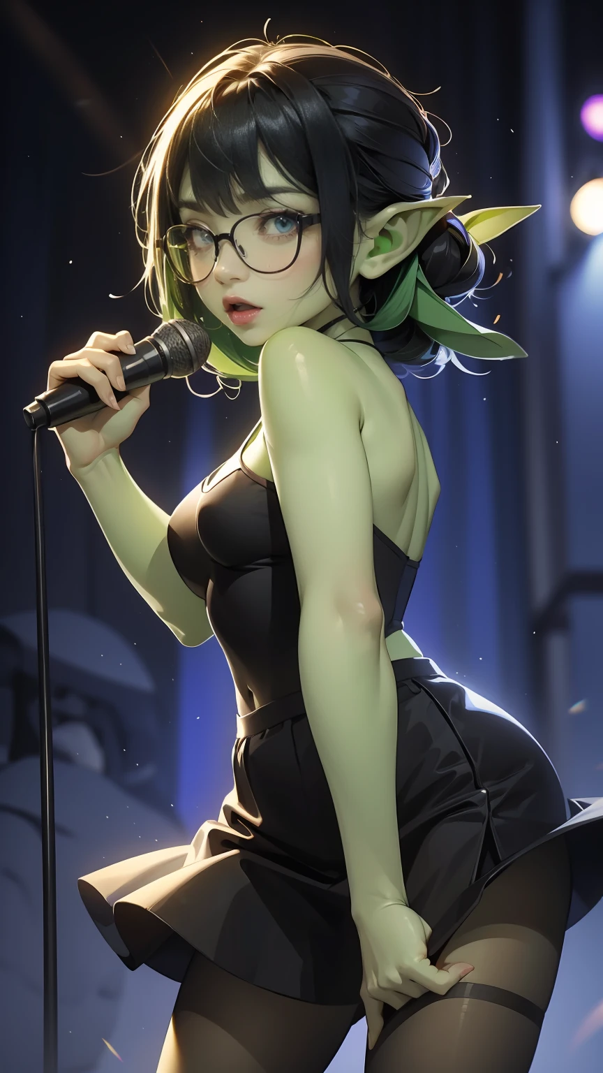 ((best quality)), ((masterpiece)), (detailed), perfect face, ((green skin)), pointy ears, tiny breasts, wearing black rimmed glasses, short dark hair, wearing black bra, and black skirt and black pantyhose and back pumps, (night outside), very drunk, singing karaoke, having a great time, singing loudly, dynamic pose, colorful lighting, cinematic still,