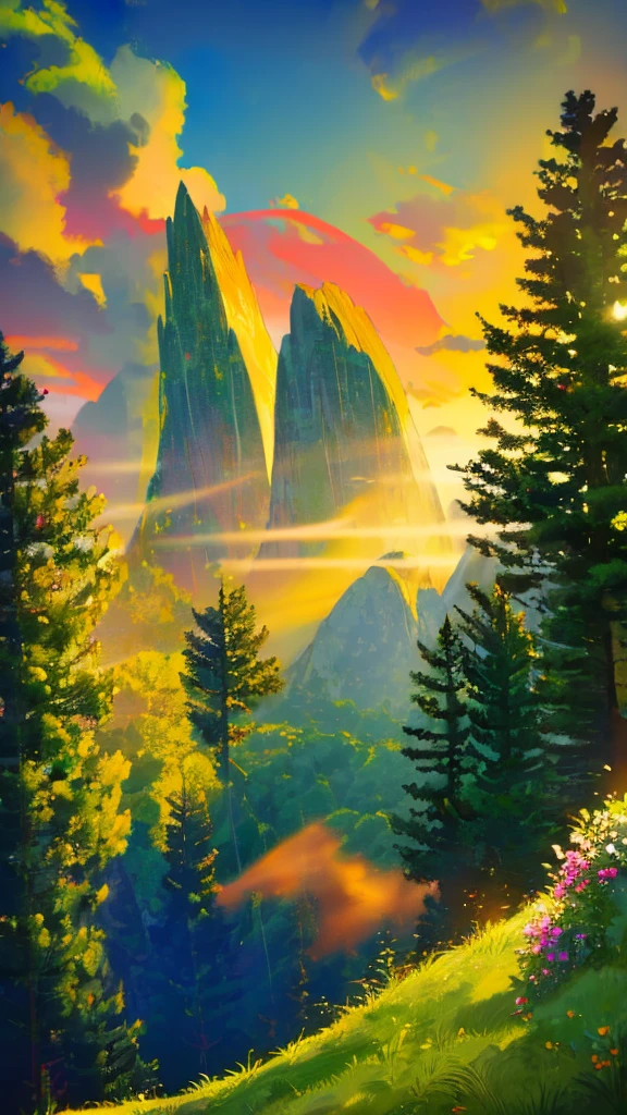 A breathtaking sunrise over a mountain range, with vibrant colors illuminating the sky. The sun is rising over the peaks, casting golden rays across the landscape. The foreground is filled with lush green vegetation and vibrant flowers, with a clear view of the distant mountains covered in trees. The sky is a gradient of warm colors, transitioning from deep orange to bright yellow and soft purple. The entire scene is serene and majestic, capturing the beauty of nature at dawn.
