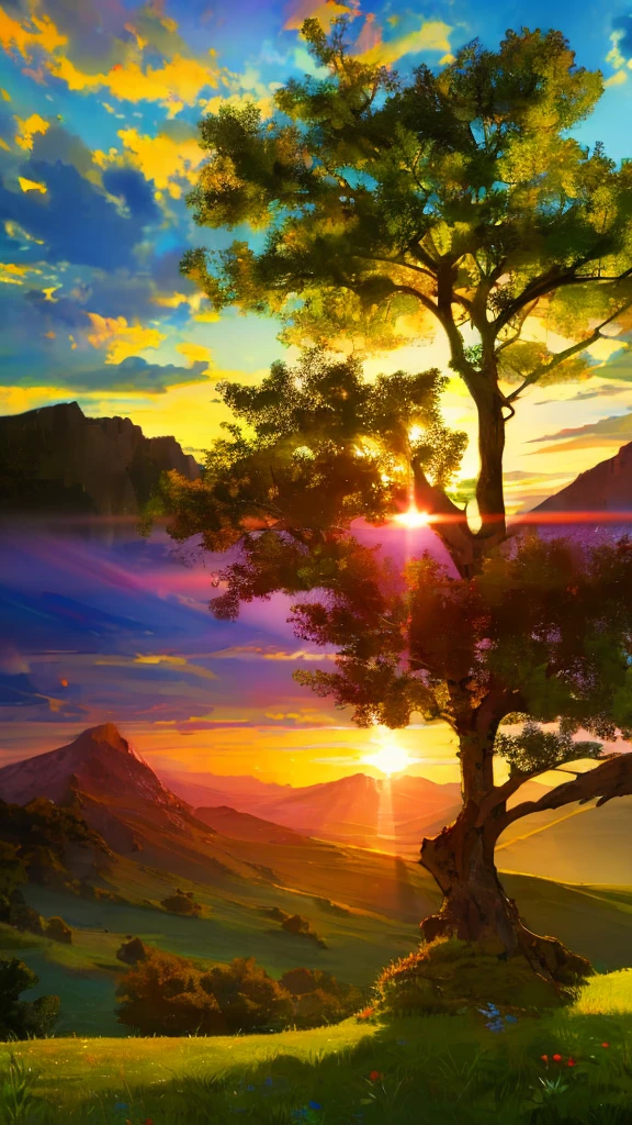 A breathtaking sunrise over a mountain range, with vibrant colors illuminating the sky. The sun is rising over the peaks, casting golden rays across the landscape. The foreground is filled with lush green vegetation and vibrant flowers, with a clear view of the distant mountains covered in trees. The sky is a gradient of warm colors, transitioning from deep orange to bright yellow and soft purple. The entire scene is serene and majestic, capturing the beauty of nature at dawn.