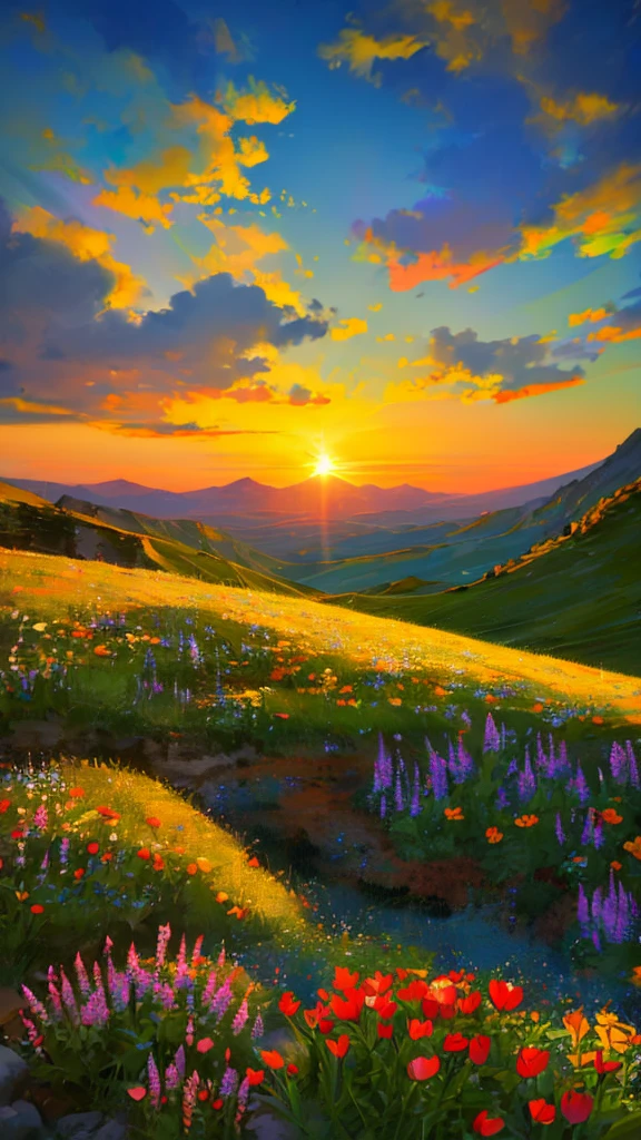 A breathtaking sunrise over a mountain range, with vibrant colors illuminating the sky. The sun is rising over the peaks, casting golden rays across the landscape. The foreground is filled with lush green vegetation and vibrant flowers, with a clear view of the distant mountains covered in trees. The sky is a gradient of warm colors, transitioning from deep orange to bright yellow and soft purple. The entire scene is serene and majestic, capturing the beauty of nature at dawn.