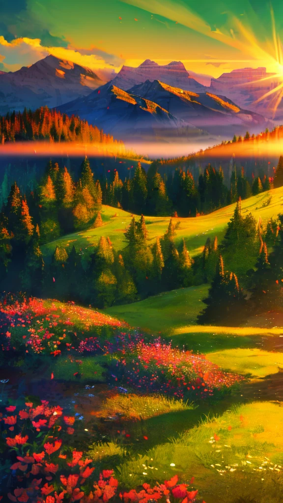 A breathtaking sunrise over a mountain range, with vibrant colors illuminating the sky. The sun is rising over the peaks, casting golden rays across the landscape. The foreground is filled with lush green vegetation and vibrant flowers, with a clear view of the distant mountains covered in trees. The sky is a gradient of warm colors, transitioning from deep orange to bright yellow and soft purple. The entire scene is serene and majestic, capturing the beauty of nature at dawn.