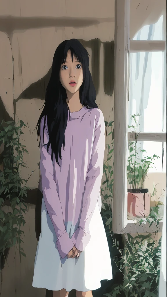 ghibli styled anime girl, long black haired, ghibli background anime