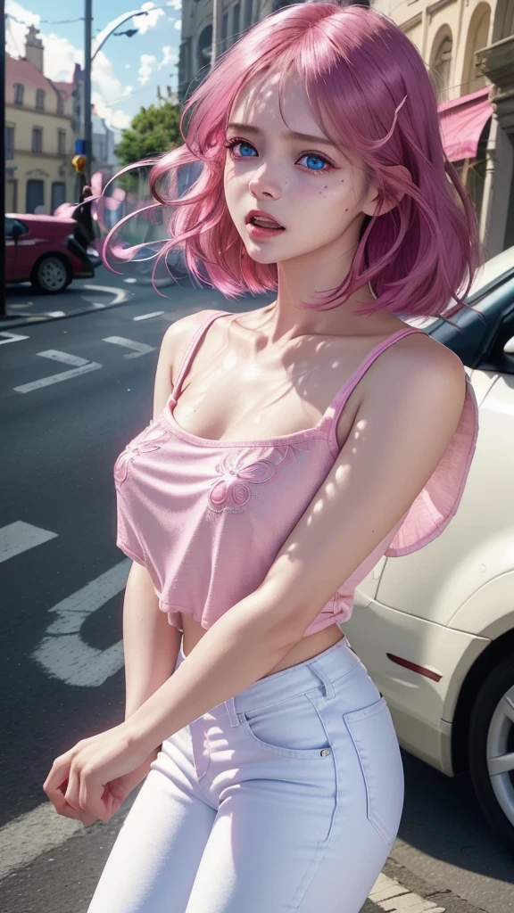 1girl, beautiful detailed eyes, horrified, scared, screaming, beautiful detailed lips, extremely detailed eyes and face, pink t-shirt, white jeans, standing on a street corner, award winning, intricate details, photorealistic, cinematic lighting, volumetric lighting, depth of field, beautiful face, striking pose, dynamic composition, vivid colors, warm tones, dragon