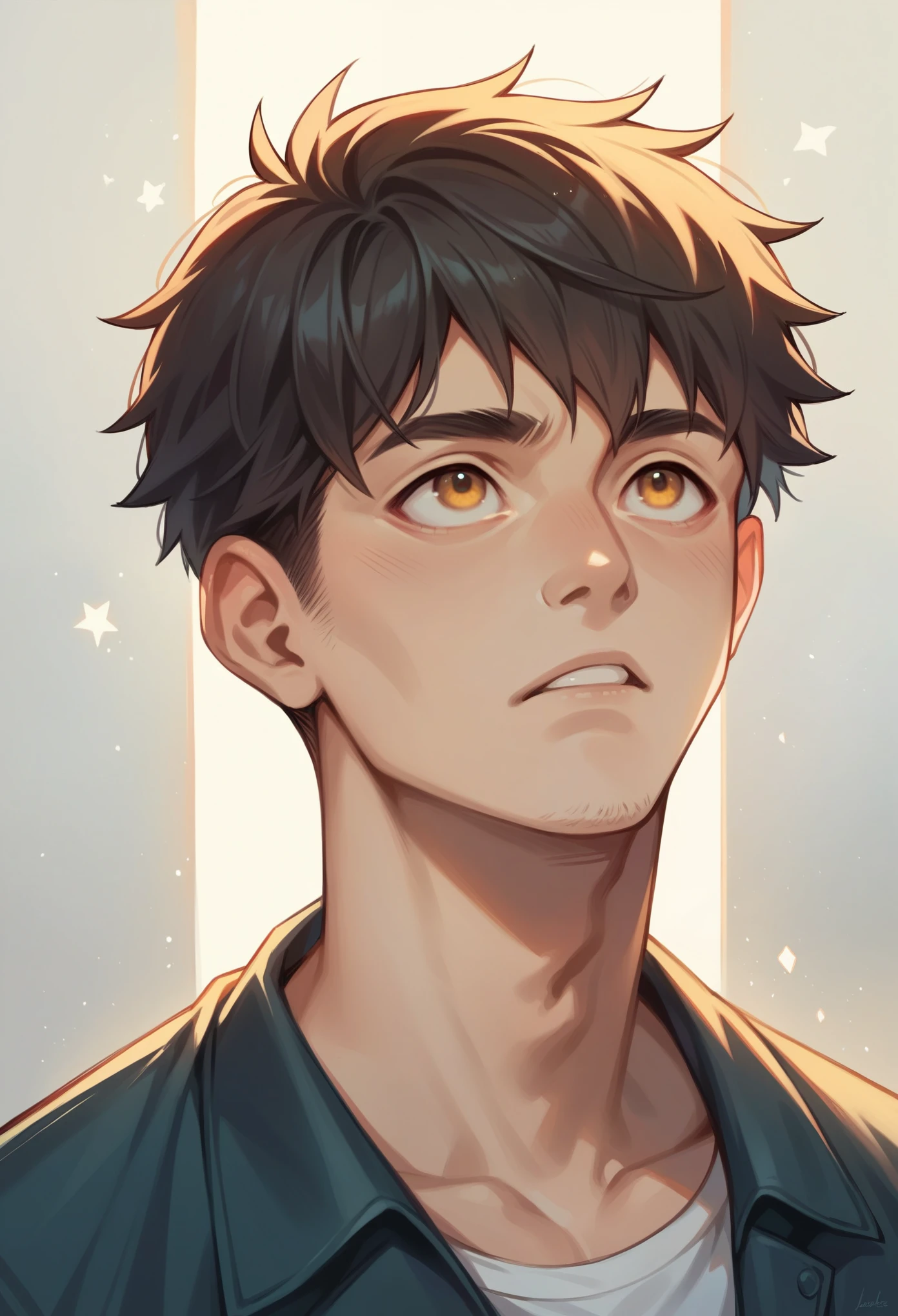 Boy, Best, Masterpiece, Black, Golden Eyes, Black, Looks Up, Upper Body, Hair, Fair Skin, Short Hair