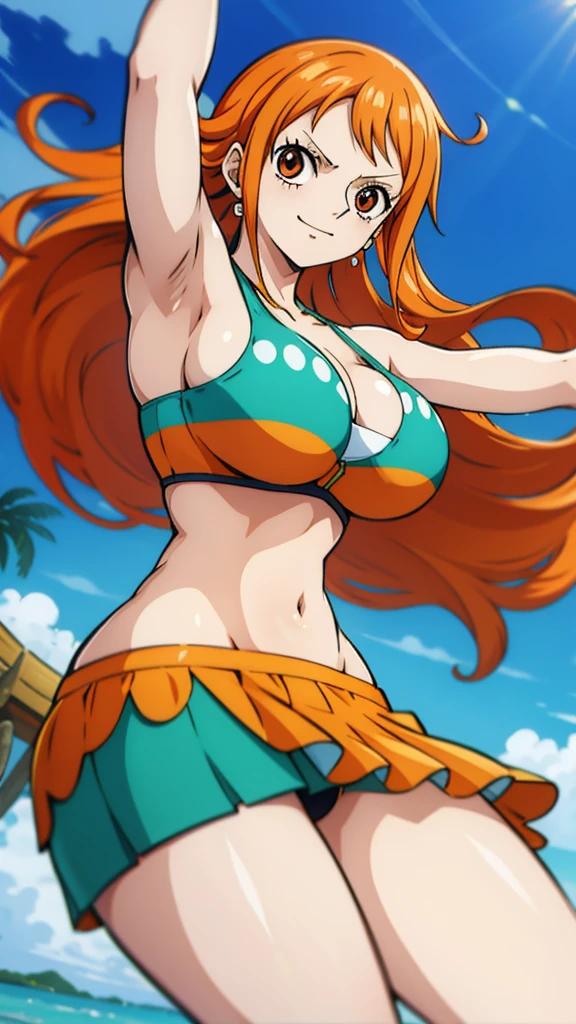 Generate a realistic anime-style image of Nami from One Piece. Capture her distinctive look with orange hair, a shirt, and a cheerful expression. Make sure the picture reflects your adventurous and confident personality as shown in the anime.., whole body, Wide plane , NSFW, Curvy athletic body, Island background,bra top, Skirt, orange eyes, orange eyes, armpits , ass .