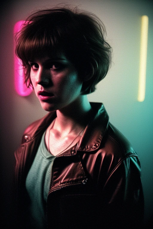 Full shot of eighteen-year-old Molly Ringwald, messy/shaggy razored/layered bob haircut with sideswept bangs, bags under eyes, exhausted eyes, undershadowed eyes, with copper pocketwatch necklace, wearing dark green jacket with sleeves rolled up, white tank top and jeans, extremely realistic, extremely detailed, extreme realism, extreme detail, extremely accurate resemblance, scene from 1986 psychological sci-fi horror film, directed by Michael Mann, cinematography by Dante Spinotti, muted color scheme, muted color palette, neo-noir, tech-noir, taken from VHS release, atmospheric, moody, Manhunter (1986) influenced, Thief (1981) influenced, bedhead, unkempt hair, insomniac, dark circles under eyes, brooding anti-heroine, cult classic, cult film, complex, elaborate, masterpiece, underlit, dark, directed by Nicholas Winding Refn, synthwave, neon, retrowave, darkwave, Hotline Miami vibes, Drive (2011) vibes, neon nightmare, neon hell, neon noir, nightmare noir, neon horror, synth-horror, VHS grain, VHS filter, Silent Hill vibes, old VHS tape, VHS static, deteriorated VHS