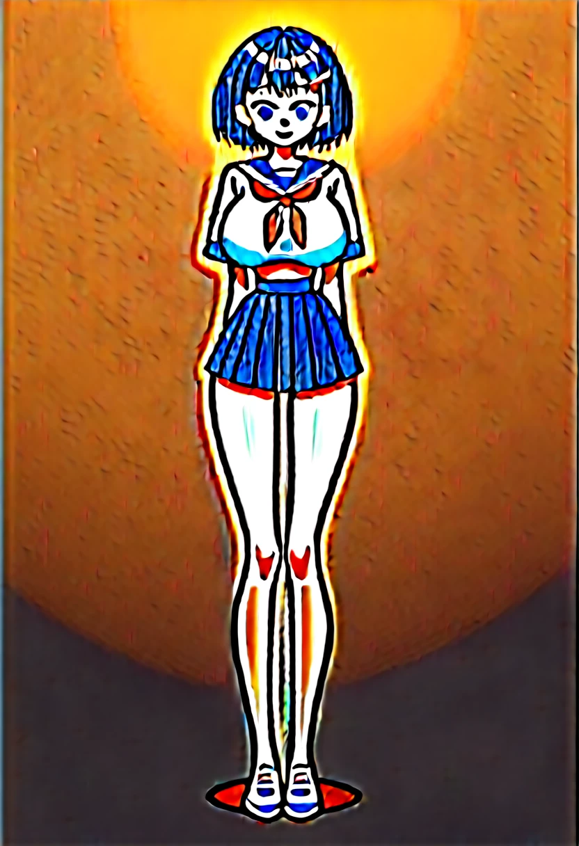 masterpiece, best quality, absurdres, perfect antomy, 1girl, solo, SMMoon, 1990s \(style\), blonde sailor moon, standing, smile, cowboy shot, sailor senshi uniform, sailor collar, blue skirt, ultra mini skirt, ( FULL BODY),(((,barefoot))), 5 toes, black toe nails, Focus full body, tied ankles together, tied arms, solo, on dungeon, sit on a chair 