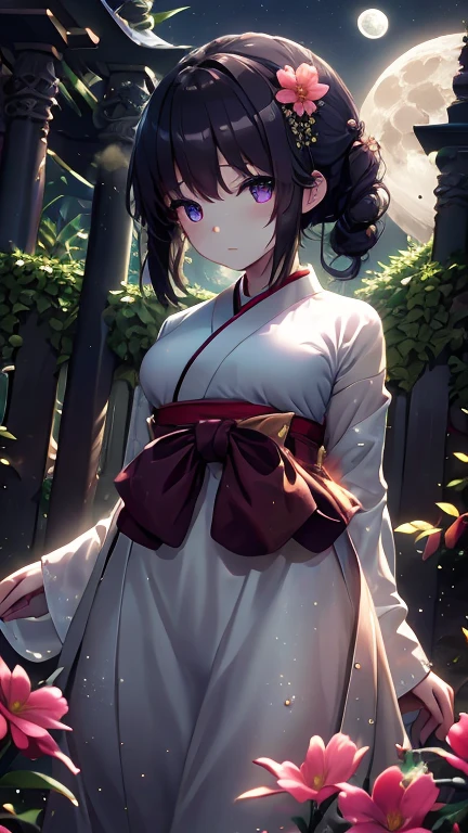 best quality, high_resolution, distinct_image, detailed background ,girl, hanbok,flower,garden,moon, night,dutch angle, wide shot, crown,