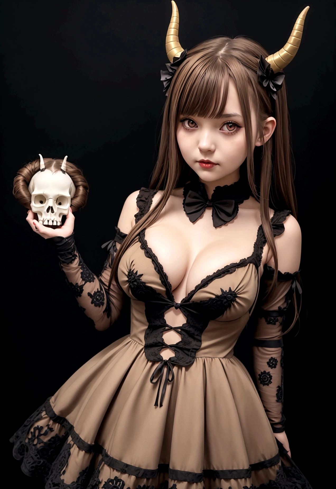 sexy girl with horns and a dress with a skull on it, ((light brown hair))(loli in dress, gothic maiden, cute waifu in a nice dress, sexy girl wearing a black dress with visible breasts and nipples, nightcore, (sexy girl), little curvy loli, high quality art style, demon girls