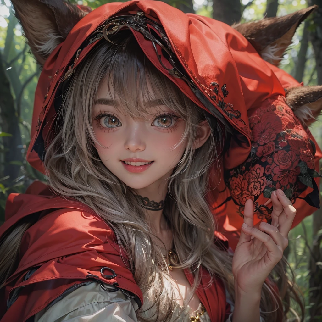 Standing in the forest、Hair flow、 ((Highest quality、masterpiece、8K、Best image quality、Ultra-high resolution、Award-winning works)、(Accurate anatomy:1.1)、(Look at me and smile:1.1)、Shining fair skin with Ultra-high resolution、The most detailed face、Ultra-high resolution detailed face、Ultra-high resolutionの髪の毛、(Ultra-high resolution eye:1.1)、Beautiful face drawn in every detail、little red riding hood Costume , Chest to chest, Strange atmosphere, A real werewolf stares at her...., Dark Light, in the forest , Heavy makeup