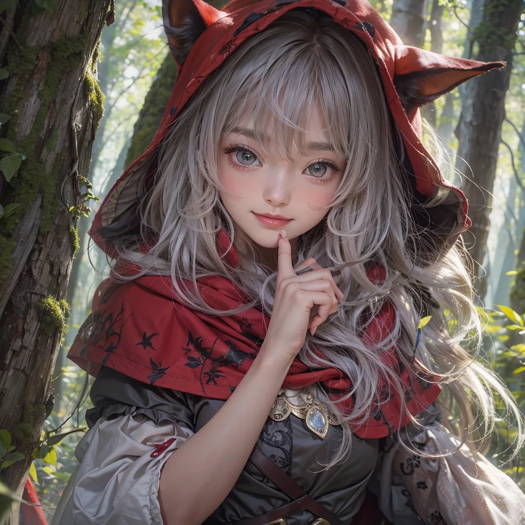 Standing in the forest、Hair flow、 ((Highest quality、masterpiece、8K、Best image quality、Ultra-high resolution、Award-winning works)、(Accurate anatomy:1.1)、(Look at me and smile:1.1)、Shining fair skin with Ultra-high resolution、The most detailed face、Ultra-high resolution detailed face、Ultra-high resolutionの髪の毛、(Ultra-high resolution eye:1.1)、Beautiful face drawn in every detail、little red riding hood Costume , Chest to chest, Strange atmosphere, A real werewolf stares at her...., Dark Light, in the forest , Heavy makeup