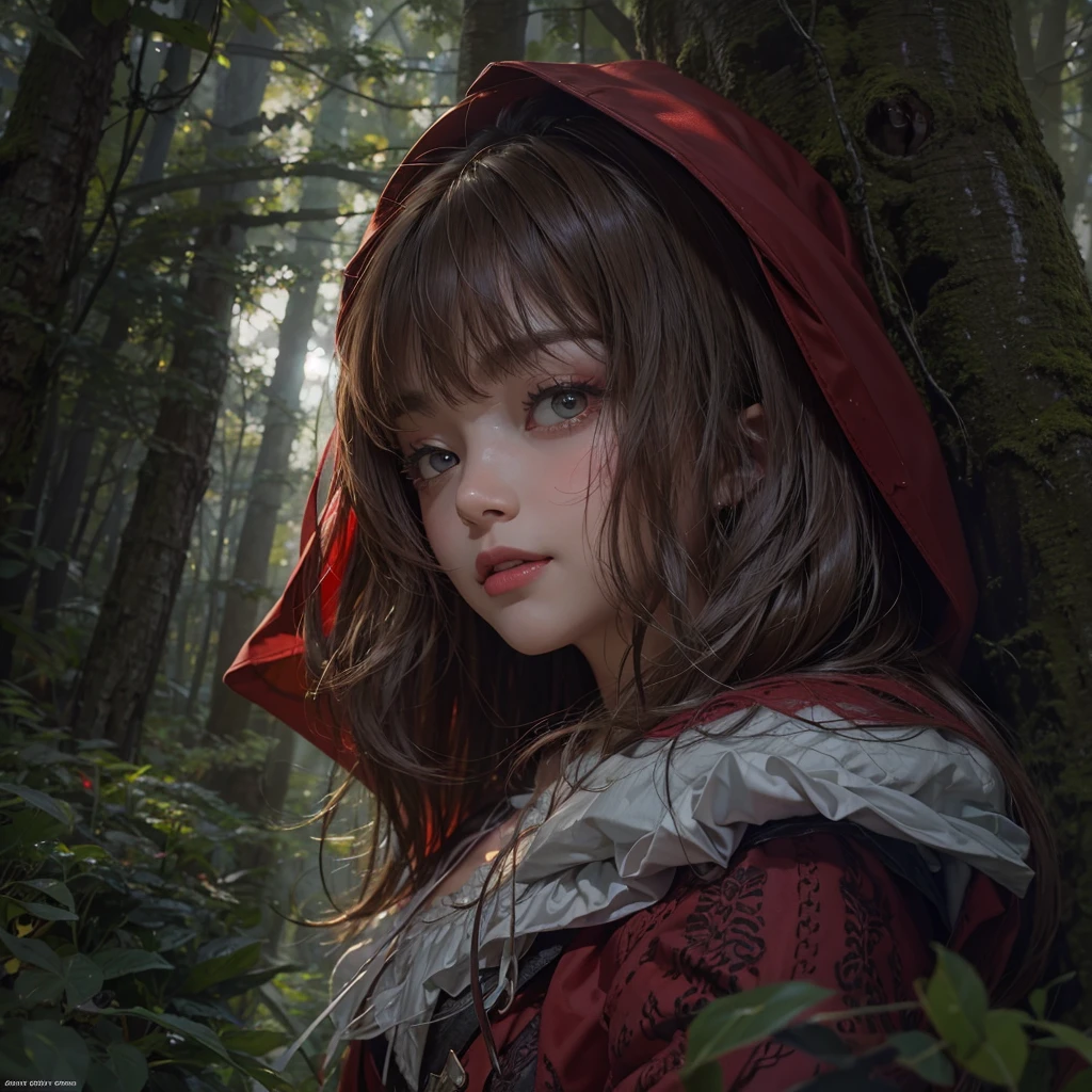 Standing in the forest、Hair flow、 ((Highest quality、masterpiece、8K、Best image quality、Ultra-high resolution、Award-winning works)、(Accurate anatomy:1.1)、(Look at me and smile:1.1)、Shining fair skin with Ultra-high resolution、The most detailed face、Ultra-high resolution detailed face、Ultra-high resolutionの髪の毛、(Ultra-high resolution eye:1.1)、Beautiful face drawn in every detail、little red riding hood　Costume , Chest to chest,  Strange atmosphere, A real werewolf stares at her...., Dark Light, in the forest , Heavy makeup 
