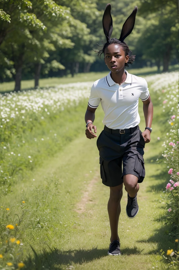 1 young,with bunny ears,dark skin tone,white polo blouse clothes, black cargo pants,running quickly in a field full of trees and flowers