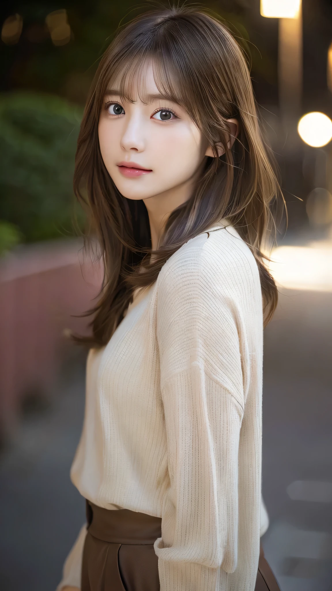 (highest quality,masterpiece:1.3,超A high resolution,),(super detailed,caustics),(Photoreal:1.4,RAW shooting,)ultra-realistic capture,very detailed,High definition 16K for human skin、 Natural skin texture、、Skin looks even-toned and healthy、 Use natural light and color,one woman,Japanese,,cute,brown hair,middle hair,(Depth of the bounds written、chromatic aberration、、wide range of lighting、natural shading、)、(outdoor lights at night:1.4)、(hair swaying in the wind:1)、short hair、Outward-flicked ends