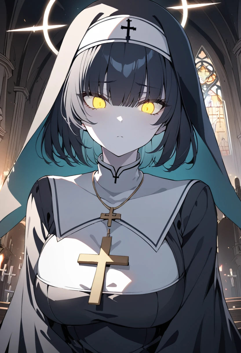 1girl, nun, cross, cross necklacke, jewelry, black hair, turquoise bangs, very short hair, hair over eyes, pale skin, yellow eyes, glowing eyes, black dress, church, serious, staring, onryo, terror scene, (masterpiece), best quality, anime style,
