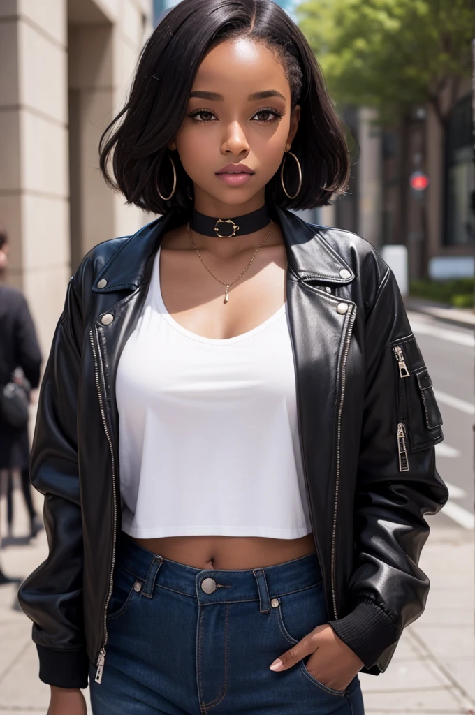 A black girl with a jacket and cropped shirt