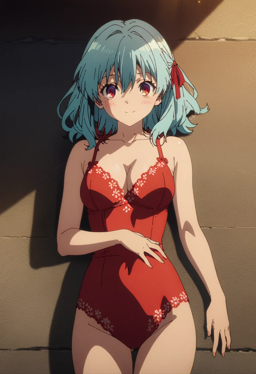 cel-shaded, 1990s_anime, detailed, high quality, masterpiece, best quality, very aesthetic, absurdres, anime screencap, miku. 1girl, solo, (red eyes:1.5), detailed eyes, light blue hair, medium hair, bangs, hair between eyes, hair ribbons, red lingerie, see-throught, thighs, street, sakura trees, medium breasts, blush, smile, sexy, collarbone, cleavage, cowboy shot, from front, lying on back, open legs, (looking at viewer:1.0