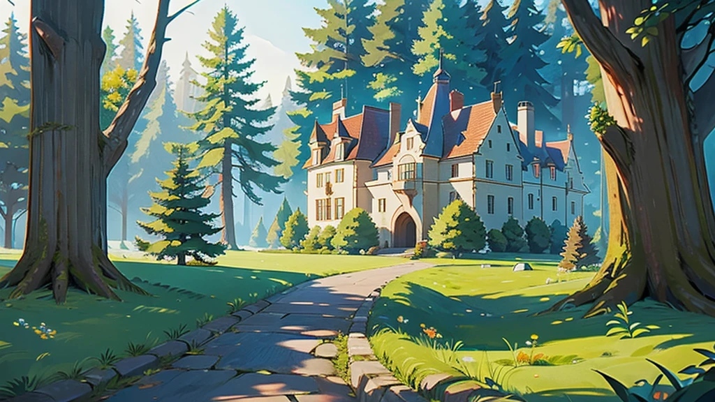 a path surrounded by a forest and trees to a castle that you see at the end