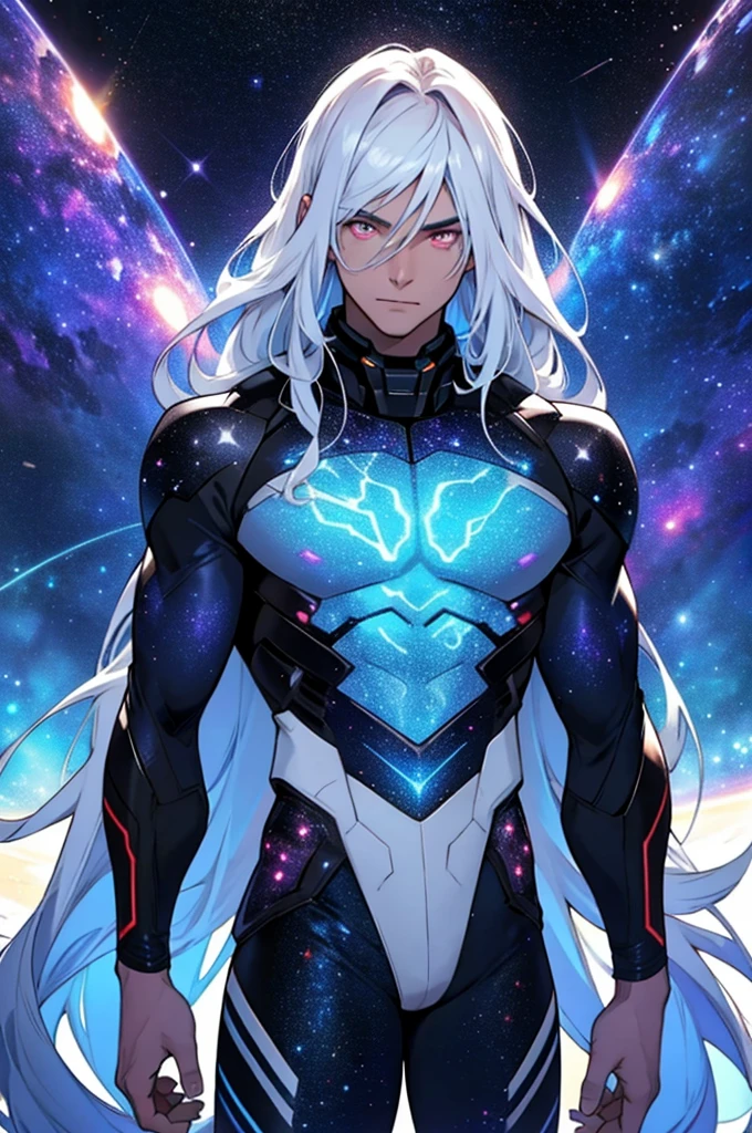 male, masculine, Galaxy theme, white glowing eyes, galactic body, space background, made of stars, long hair, shirtless, cosmic entity