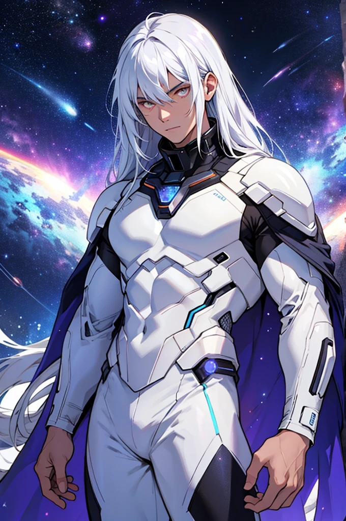male, masculine, Galaxy theme, white glowing eyes, galactic body, space background, made of stars, long hair, shirtless, cosmic entity