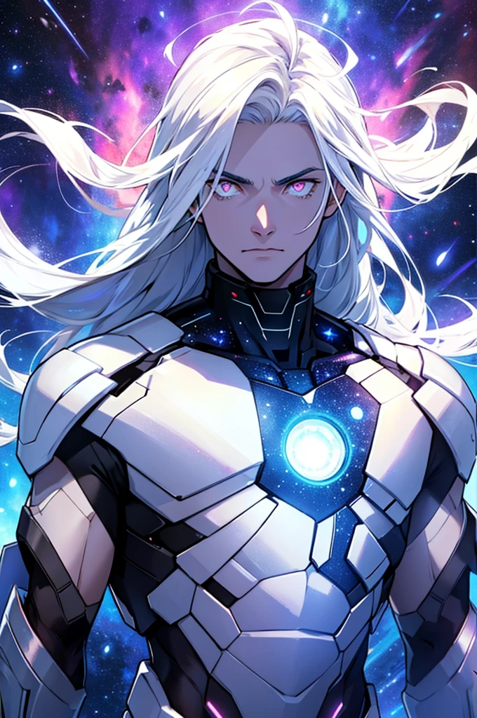 male, masculine, Galaxy theme, white glowing eyes, galactic body, space background, made of stars, long hair, shirtless, cosmic entity