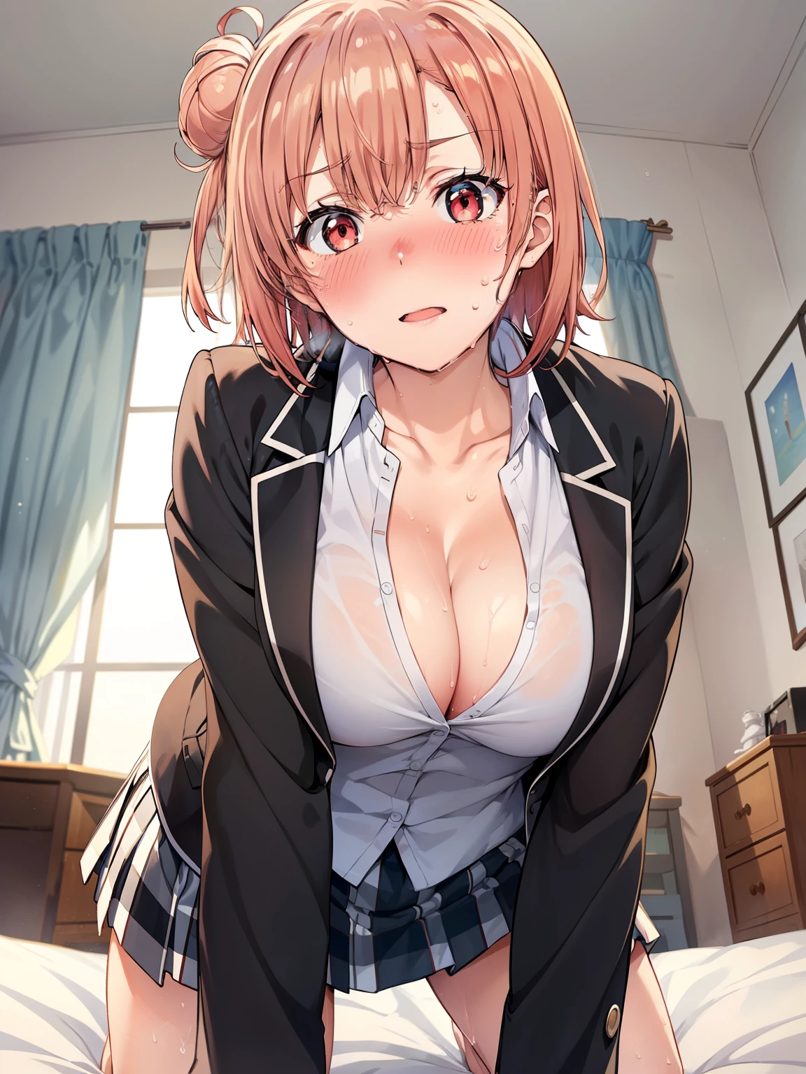 ((Highest quality, High resolution,  Perfect Pixel,  4K)),  (Beautiful Anime Girls), Depth of written boundary、


Yuigahama Yui,  (Big Breasts:1.3)、
short hair, Single hair bun,  White shirt, Dress shirt, blazer, Black jacket, Open jacket, Long sleeve, Checked skirt,  Red eyes、

(Sweat、blush:1.3)、Cleavage、
indoor、On the bed、Leaning forward、
ass pov, straddling, From below、