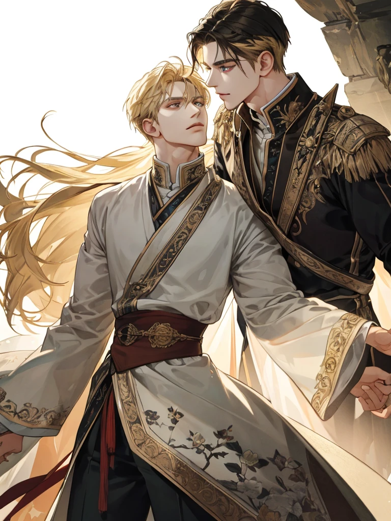 (extreamly delicate and beautiful:1.2), in 8K, (шедевр, best:1.0), Two Men, body complet, Blonde long-haired man, Middle-aged man with short black hair, seethru , knights, and intricate detailing, and intricate detailing, finely eye and detailed face, Perfect eyes, Equal eyes, (A male god), Fantastic lights and shadows、landscapes、florals, Uses backlight and rim light