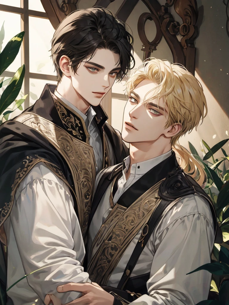 (extreamly delicate and beautiful:1.2), in 8K, (шедевр, best:1.0), Two Men, body complet, Blonde long-haired man, Middle-aged man with short black hair, seethru , knights, and intricate detailing, and intricate detailing, finely eye and detailed face, Perfect eyes, Equal eyes, (A male god), Fantastic lights and shadows、landscapes、florals, Uses backlight and rim light