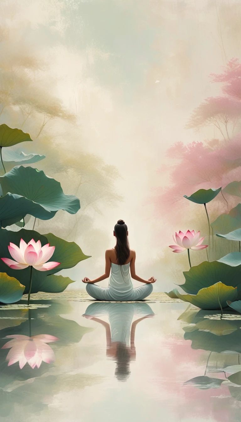 (highres,masterpiece:1.2),minimalist journey,lotus pose girl,serene garden scene,soft natural lighting,zen-like atmosphere,[pastel colors],[calm,peaceful],detailed lotus petals,delicate brush strokes,refined simplicity,subtle textures,meditative expression,tranquil ambiance,[serenity:1.1],[harmony],[serene background],minimalistic landscape,intricate details,peaceful energy,[graceful movement],elegant posture,gentle breeze,[mindfulness:1.1],quiet contemplation,[serene solitude],serene beauty,simple elegance,gentle curves,harmonious composition,minimalist artwork,tranquility and stillness,embodiment of inner peace,[gentle harmony],[serene presence],calming vibrations,dreamlike experience,natural tranquility,ethereal vibe,[artistic expression],sublime atmosphere