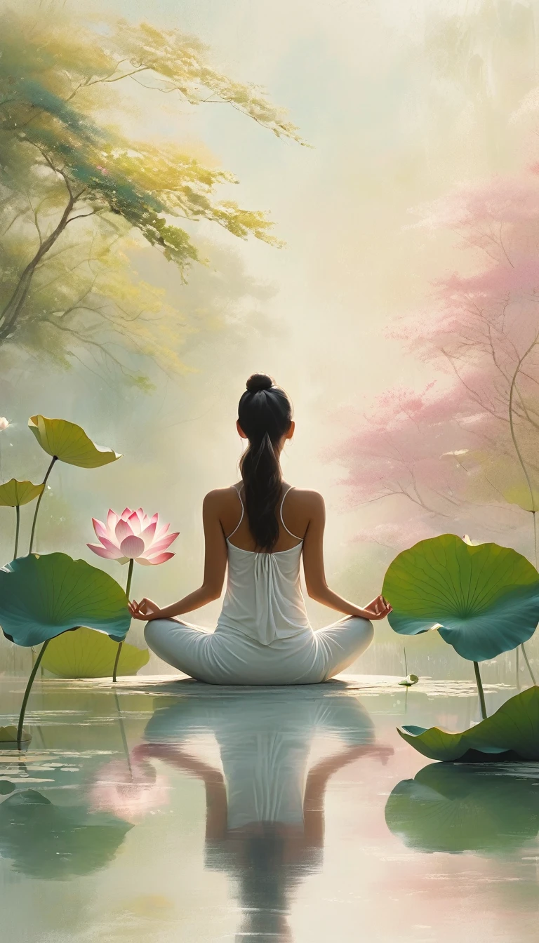 (highres,masterpiece:1.2),minimalist journey,lotus pose girl,serene garden scene,soft natural lighting,zen-like atmosphere,[pastel colors],[calm,peaceful],detailed lotus petals,delicate brush strokes,refined simplicity,subtle textures,meditative expression,tranquil ambiance,[serenity:1.1],[harmony],[serene background],minimalistic landscape,intricate details,peaceful energy,[graceful movement],elegant posture,gentle breeze,[mindfulness:1.1],quiet contemplation,[serene solitude],serene beauty,simple elegance,gentle curves,harmonious composition,minimalist artwork,tranquility and stillness,embodiment of inner peace,[gentle harmony],[serene presence],calming vibrations,dreamlike experience,natural tranquility,ethereal vibe,[artistic expression],sublime atmosphere