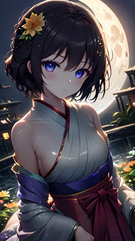 best quality, high_resolution, distinct_image, detailed background ,girl, hanbok,flower,garden,moon, night,dutch angle, wide shot, crown,