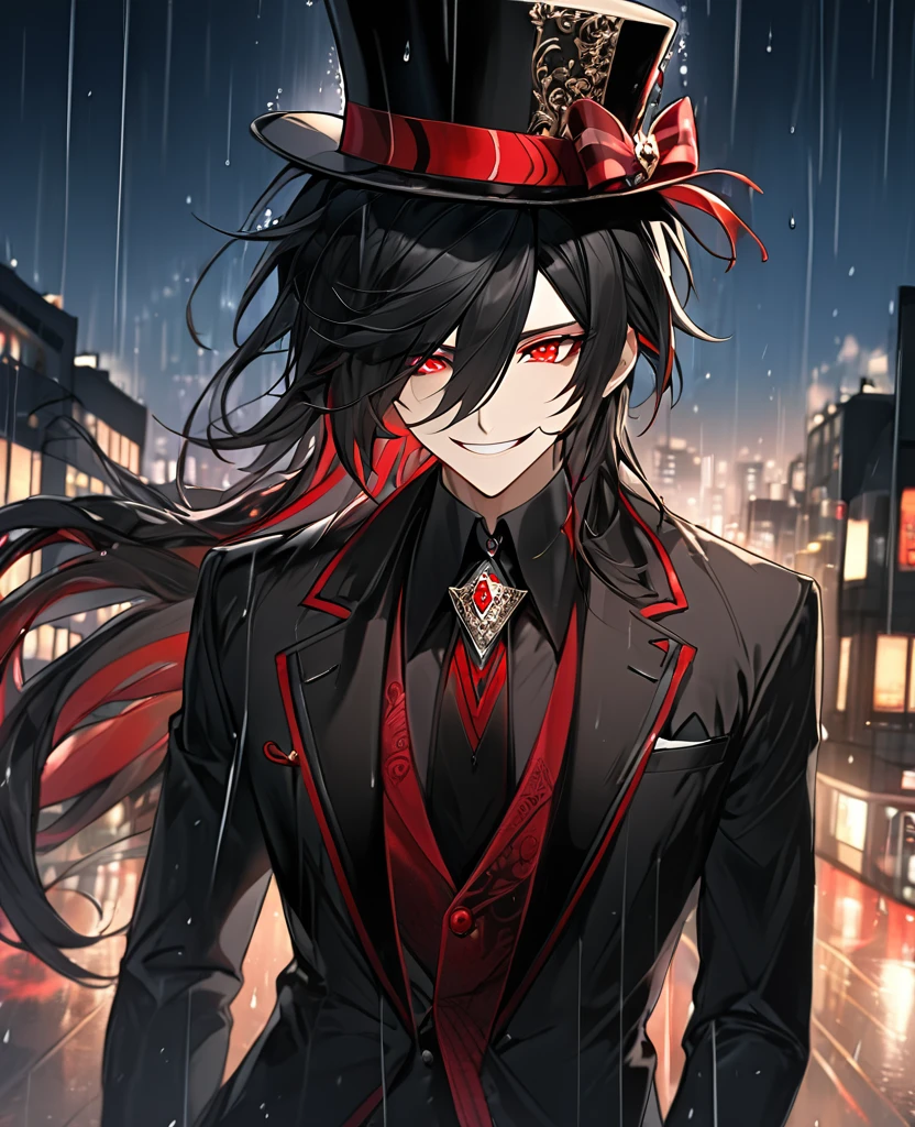 (black_hair), (red_Blood_eyes), (detailed_eyes), (crazy_smile), (attractive), (night_city_background), (raining), (glowing_eyes), (male), (wearing _a_black_suit), (long_male_hair), (detailed_Hair), (detailed), (detailed_mouth), (broad_shoulders), wears a black top hat with a red ribbon edged trim,