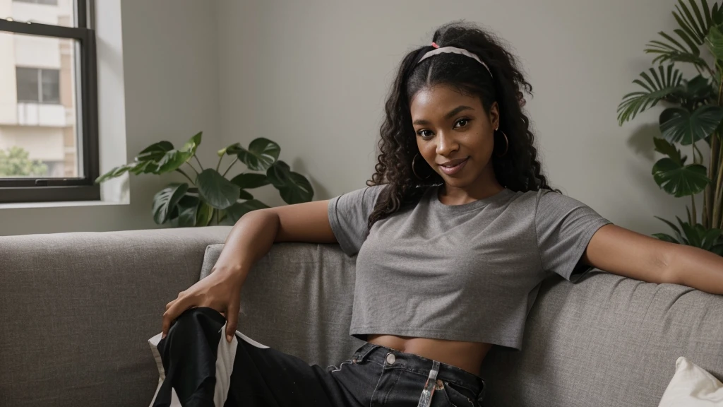 a selfie of a 35 years old black woman black youtuber , sitting on a couch in her livingroom, with a shirt on and a smile, a screenshot by Ella Guru, trending on cg society, renaissance, wearing a sexy cropped top, youtube video screenshot, long afro hair, a woman with a headband on is smiling and wearing a gray shirt, a portrait by Milton Menasco, featured on reddit, renaissance, long afro hair, wig, wearing a headband, wearing the number 1 headband, long black hair in a ponytail, long wild black curly hair, her black hair is a long curly, with afro, black ponytail hair, ponytail black hair
