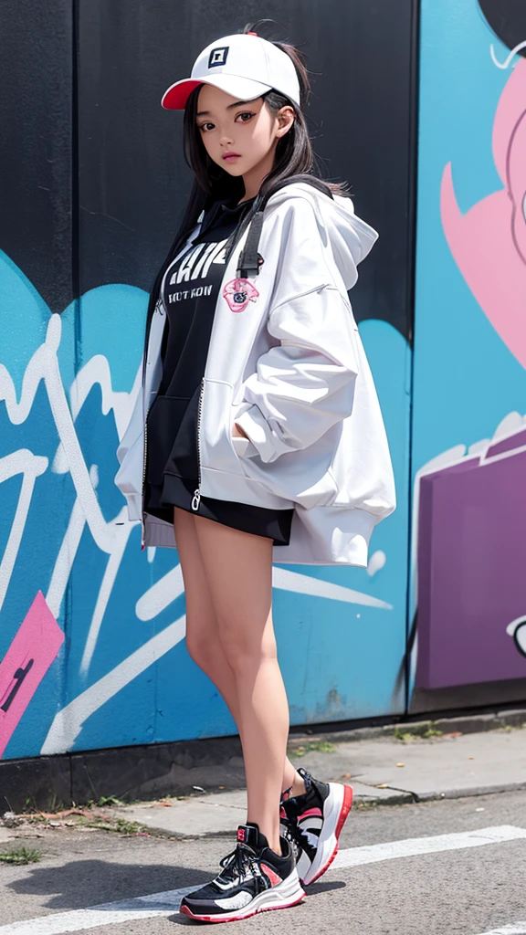 Capture a stylish girl in a hype outfit, complete with trendy sneakers, oversized hoodie, and edgy accessories. She's posing confidently in front of a modern, urban building. Behind her, there's a large, vibrant graffiti mural featuring the word 'SASIMO' in bold, colorful letters. The background should emphasize the dynamic cityscape, with the girl exuding cool confidence and street-style flair."