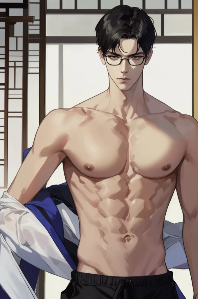 masterpiece, best quality, realistic, 1man, male focus, tall fit, handsome, [thin eyebrows:0.5], serious, shirtless, portrait, extremely detailed face, black hair, (short hair), shirtless, six packs, full body, Japanese, round glasses, relax