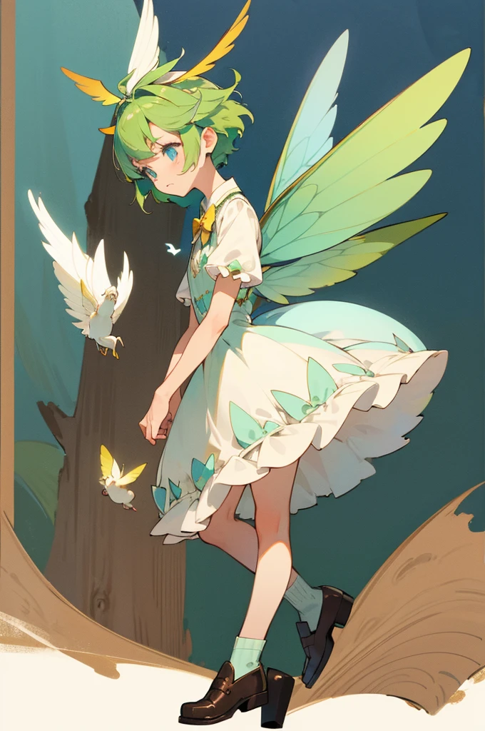 fairy, green hair, short hair, blue eyes, white dress, brown shoes, blue and yellow wings, hair ornaments, wood background, pets, sat, sweet, cute, kind, small, 