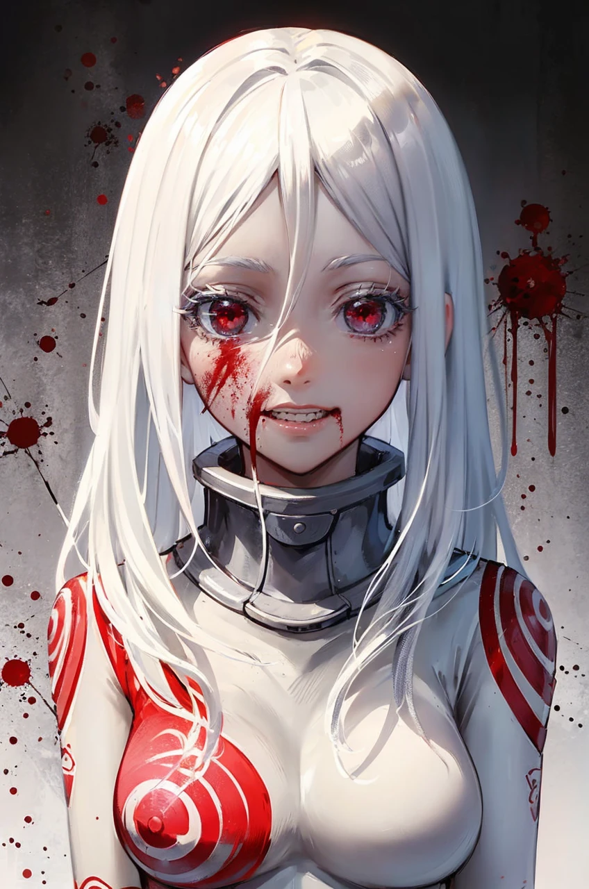 girl, white hair, red eyes, psychopathic, (best quality), detailed face, bloody