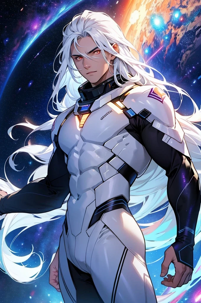 male, masculine, Galaxy theme, white glowing eyes, galactic body, space background, body made of stars, long hair, shirtless, cosmic entity