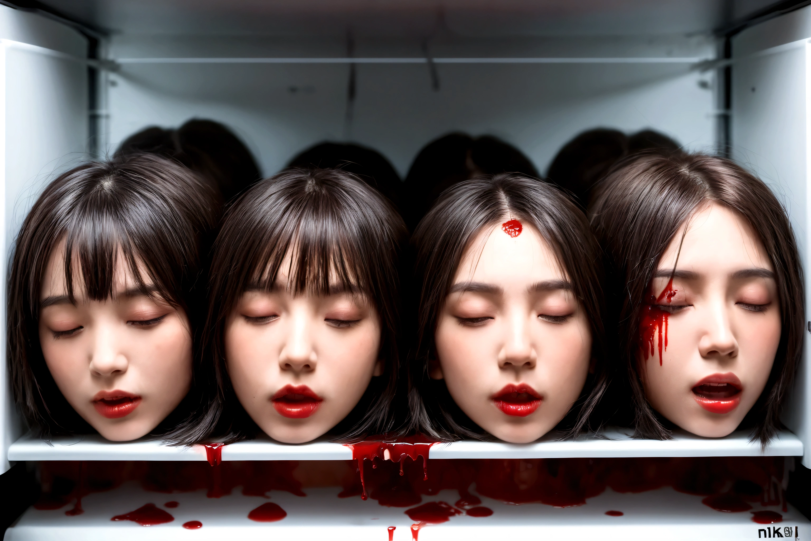 Several decapitated heads of beautiful young girl, in the fridge, full of blood, ((eyes closed)), bleeding, photorealistic, 4K, Nikon,