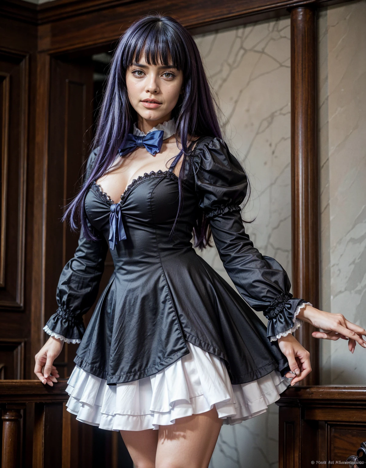 1 chica, full body photography, athletic, strong woman body, slim woman body, bowtie, frills, black dress, puffy sleeves, short over long sleeves, long sleeves, deep-blue hair, long hair, frederica bernkastel, purple hair, dress, bowtie, mary janes, socks, cat tail, tail bow, tail ornament, 
purple eyes, constituir, Volumetric lighting, Mejor calidad, obra maestra, detalles intrincados, mapeo de tonos, sharp focus, hiper detallado, tendencia en artstation, Realista, belleza de talla mundial, joy face, vista frontal, detailed background, centered photo, perfectly drawn hands, closed dress at chest