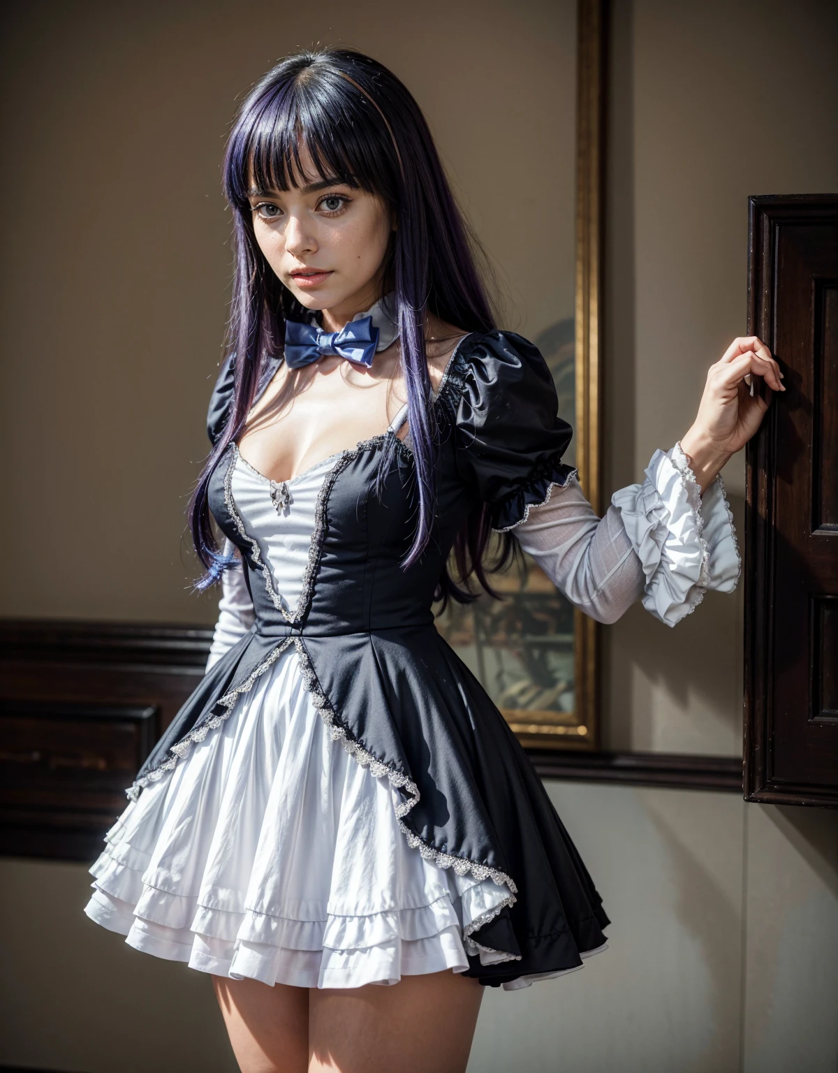 1 chica, full body photography, athletic, strong woman body, slim woman body, bowtie, frills, black dress, puffy sleeves, short over long sleeves, long sleeves, deep-blue hair, long hair, frederica bernkastel, purple hair, dress, bowtie, mary janes, socks, cat tail, tail bow, tail ornament,
purple eyes, constituir, Volumetric lighting, Mejor calidad, obra maestra, detalles intrincados, mapeo de tonos, sharp focus, hiper detallado, tendencia en artstation, Realista, belleza de talla mundial, joy face, vista frontal, detailed background, centered photo, perfectly drawn hands, closed dress at chest