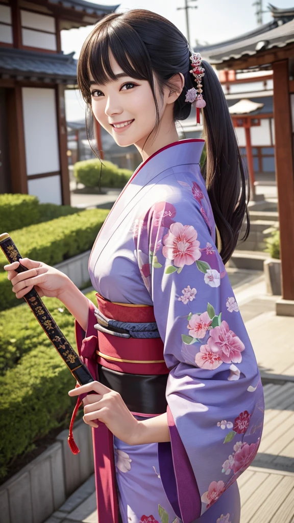 A smiling woman in her 20s wearing a kimono and holding a Japanese sword stands in the future Shibuya、Realistic live-action style、