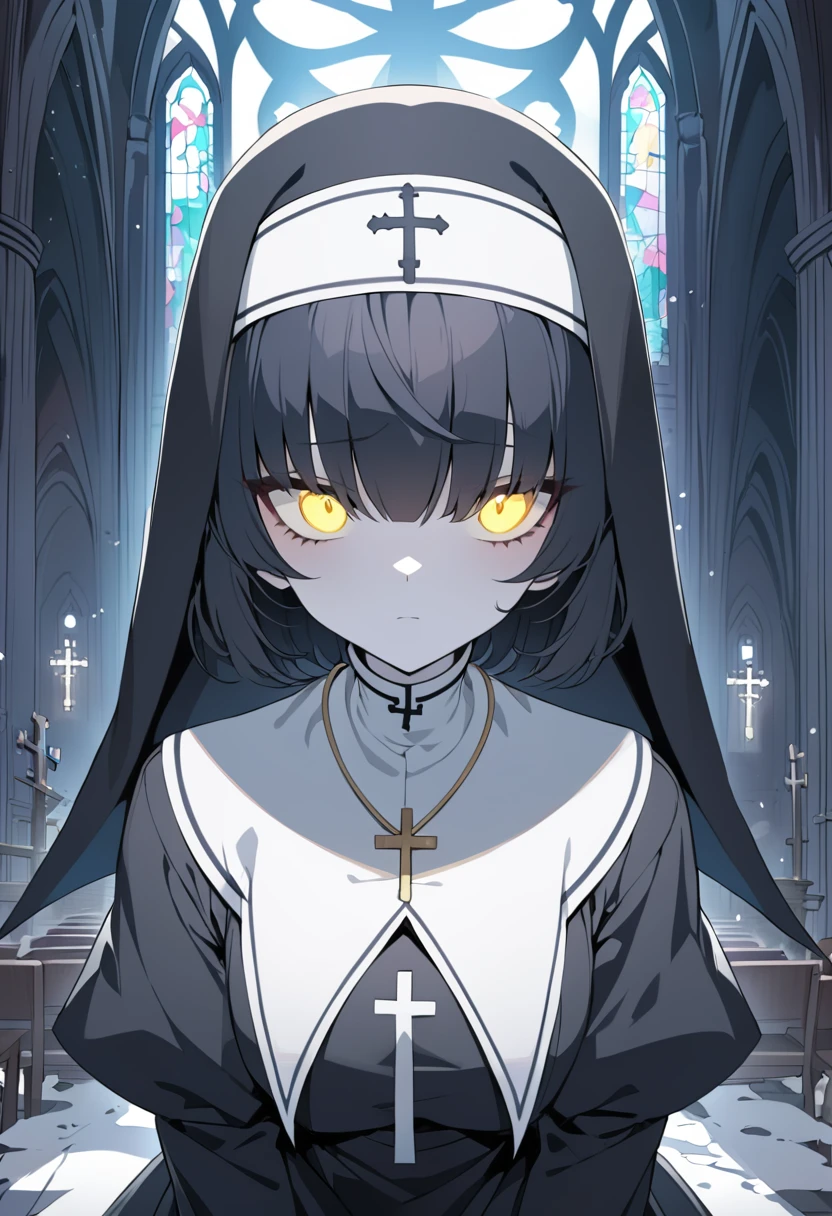 1girl, nun, cross, cross necklacke, jewelry, black hair, turquoise bangs, very short hair, hair over eyes, pale skin, yellow eyes, glowing eyes, black dress, church, serious, staring, onryo, terror scene, (masterpiece), best quality, anime style,
