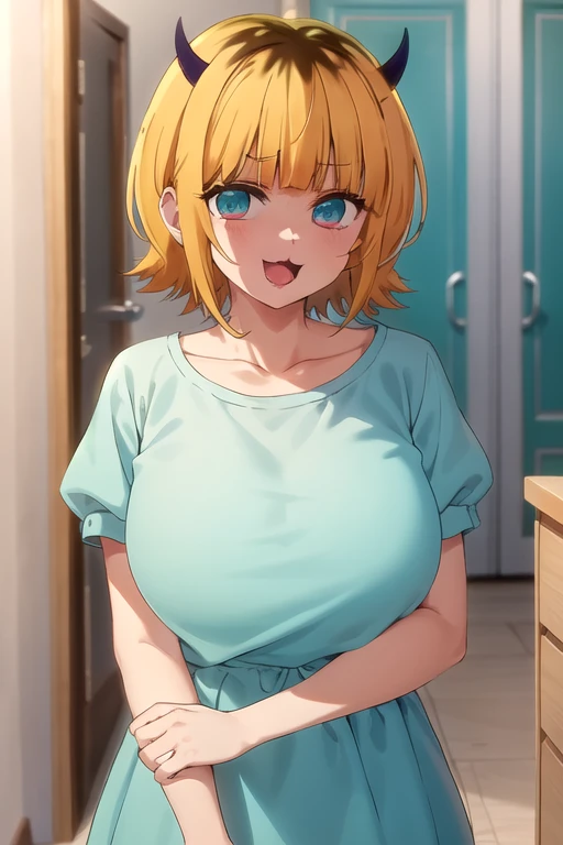 best quality, masterpiece, detailed,
memcho,
open mouth, :3, happy,
short hair, blonde hair, multicolored hair, aqua eyes, blunt bangs, horns,, collarbone, puffy sleeves,standing, looking at the viewer,:1.5、
indoors、t shirt maxi(tight)dress:1.5、The whole body is visible、