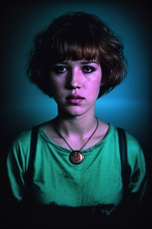 Full shot of eighteen-year-old Molly Ringwald, messy/shaggy razored/layered bob haircut with sideswept bangs, bags under eyes, exhausted eyes, undershadowed eyes, with copper pocketwatch necklace, wearing dark green jacket with sleeves rolled up, white tank top and jeans, extremely realistic, extremely detailed, extreme realism, extreme detail, extremely accurate resemblance, scene from 1986 psychological sci-fi horror film, directed by Michael Mann, cinematography by Dante Spinotti, muted color scheme, muted color palette, neo-noir, tech-noir, taken from VHS tape, atmospheric, moody, Manhunter (1986) influenced, Thief (1981) influenced, bedhead, unkempt hair, insomniac, dark circles under eyes, brooding anti-heroine, cult classic, cult film, complex, elaborate, masterpiece, underlit, dark, synthwave, neon, retrowave, darkwave, Hotline Miami vibes, neon nightmare, neon hell, neon noir, nightmare noir, neon horror, synth-horror, VHS grain, VHS filter, Silent Hill vibes, old VHS tape, VHS static, deteriorated VHS, VHS footage