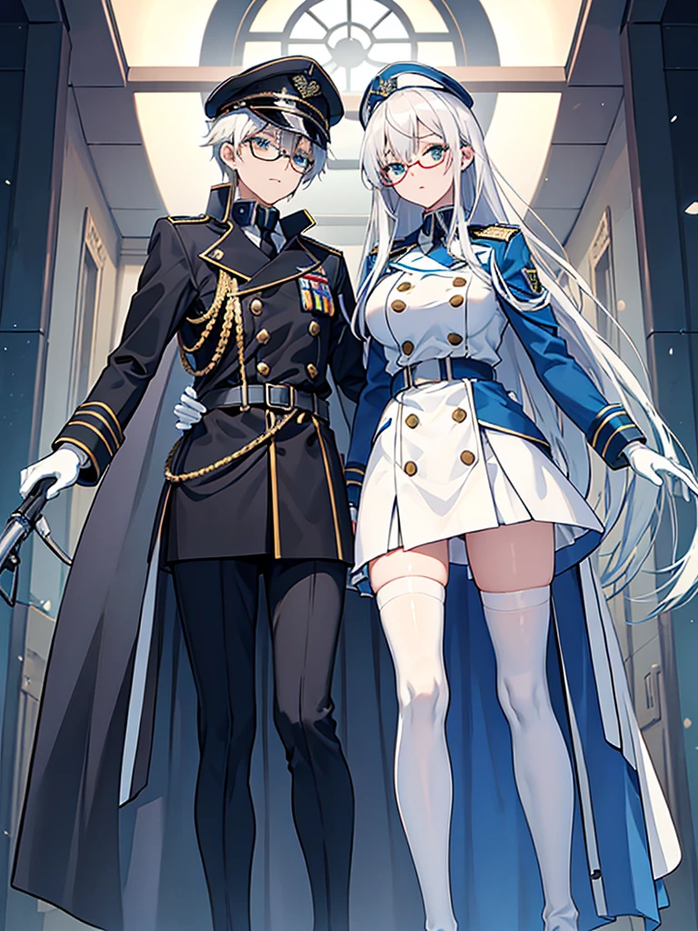 masterpiece, best quality, beautiful girl, white hair with blue inner color, emerald green eyes, dark blue military uniform, mature_female, eye_glasses, white gloves, anime, dark blue military hat, very_long_hair, perfect body, red ribbon, commander, science_fiction, black knee-high boots, white pencil skirt , cowboy_shot, best quality, large_breasts, ultra-detailed, high quality, modern military uniform, sci-fi, royal blue Trench Coat, only one girl 