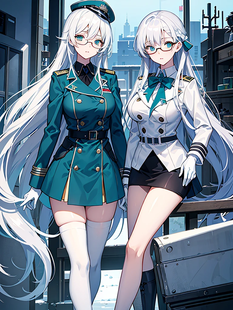 masterpiece, best quality, beautiful girl, white hair with blue inner color, emerald green eyes, dark blue military uniform, mature_female, eye_glasses, white gloves, anime, dark blue military hat, very_long_hair, perfect body, red ribbon, commander, science_fiction, black knee-high boots, white pencil skirt , cowboy_shot, best quality, large_breasts, ultra-detailed, high quality, modern military uniform, sci-fi, royal blue Trench Coat, only one girl 