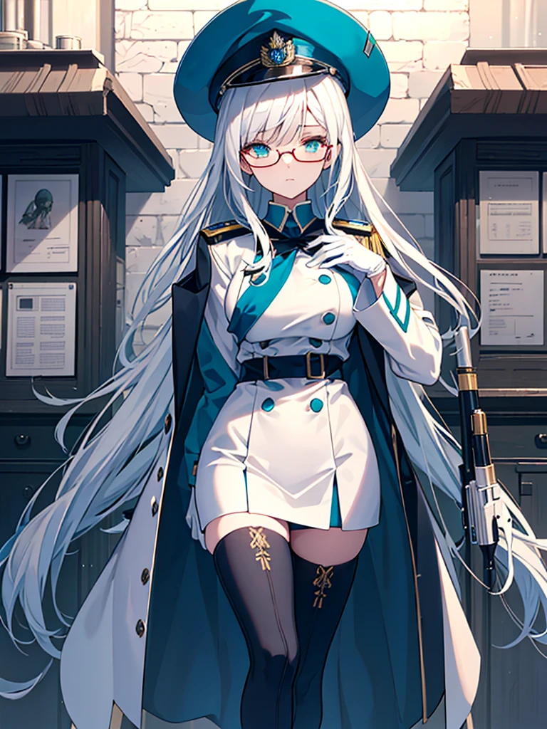 masterpiece, best quality, beautiful girl, white hair with blue inner color, emerald green eyes, dark blue military uniform, mature_female, eye_glasses, white gloves, anime, dark blue military hat, very_long_hair, perfect body, red ribbon, commander, science_fiction, black knee-high boots, white pencil skirt , cowboy_shot, best quality, large_breasts, ultra-detailed, high quality, modern military uniform, sci-fi, royal blue Trench Coat, only one girl 