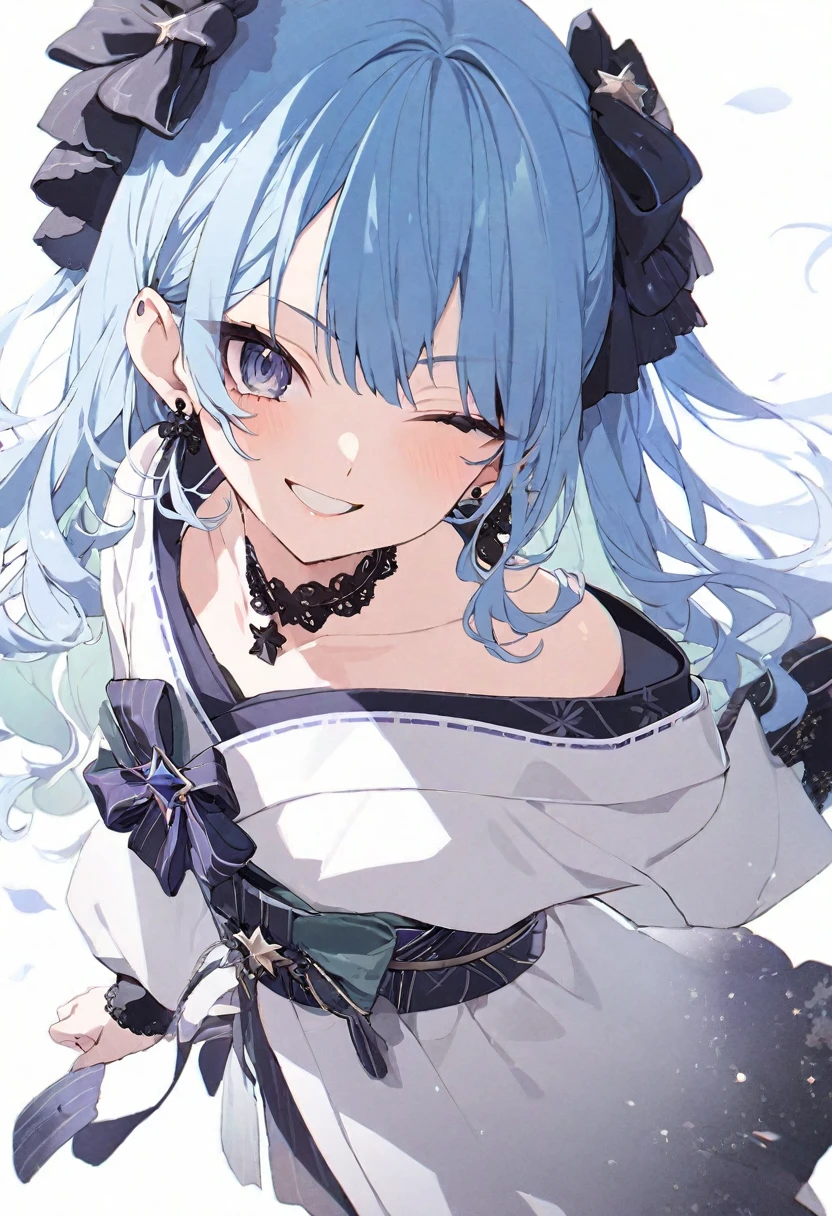 (muste piece), (best quality), very detailed eyes, expressive eyes, perfect face, very detailed face, highly detailed face, beautiful girl, 8K, beautiful girl, white background background, delicate and beautiful face and eyes, dark intense shadow, 
1 girl, vtuber style, cool girl, hololive, Hoshimachi Suisei, blue hair, Gorgeous kimono, small chest, clavicle, one eye close winking, smile, body visible through clothes, chest visible through clothes, (full body), looking at viewer, standing,